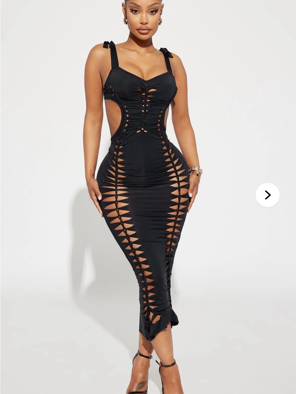 Black Cutout Lace-Up Midi Dress with Tie Straps